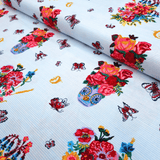 Cotone Americano H 110 cm - BOUQUET E FARFALLE/RIGHETTE AZZURRE