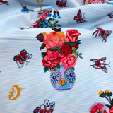 Cotone Americano H 110 cm - BOUQUET E FARFALLE/RIGHETTE AZZURRE