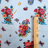 Cotone Americano H 110 cm - BOUQUET E FARFALLE/RIGHETTE AZZURRE