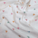 Mussola di Cotone Doppia Garza H 140 cm - CUORICINI COLORATI/LATTE