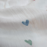 Mussola di Cotone Doppia Garza H 140 cm - CUORICINI COLORATI/LATTE