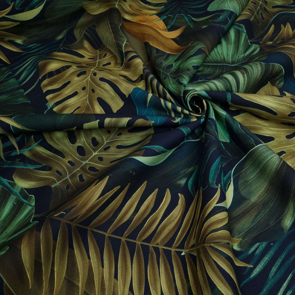 Tessuto Canvas Digital - FOGLIE TROPICALI FONDO NERO H 140 cm