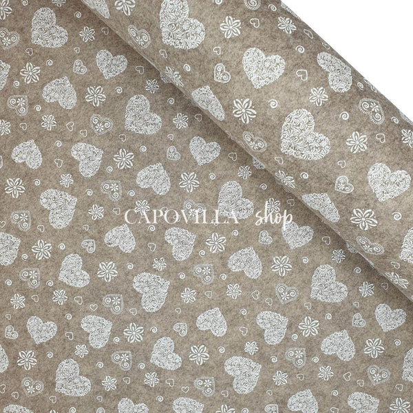 Pannolenci Stampato - Cammello/Cuori bianchi  - taglio minimo o multipli da 25 x 180 cm