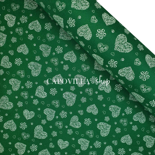 Pannolenci Stampato - Verde Natale/Cuori bianchi  - taglio minimo o multipli da 25 x 180 cm