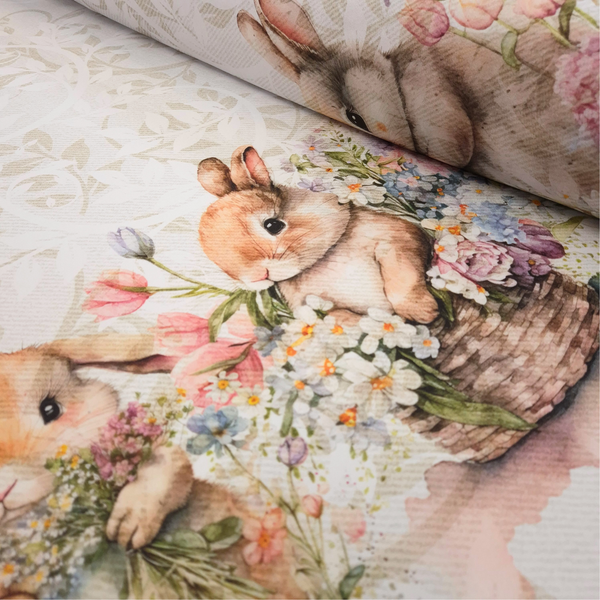 Tessuto per Tovaglie con abbassamento H 160 cm - CONIGLIETTI TRA I FIORI