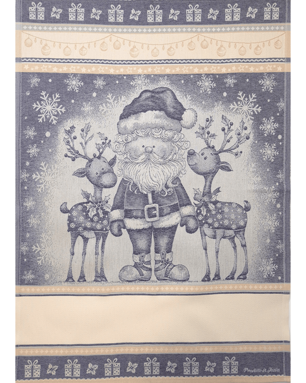 Asciugapiatti da ricamo in puro cotone - BABBO NATALE E RENNE BLU