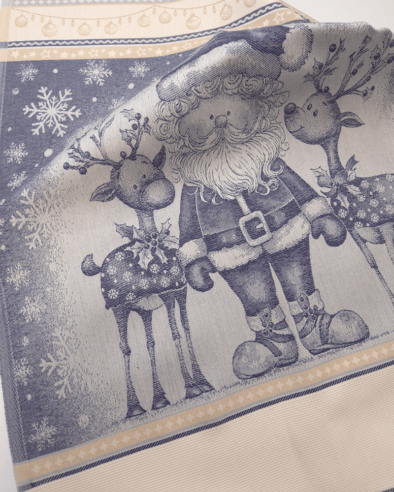 Asciugapiatti da ricamo in puro cotone - BABBO NATALE E RENNE BLU