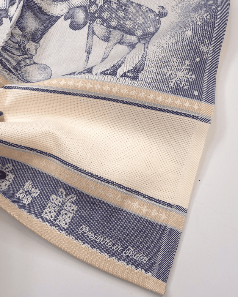 Asciugapiatti da ricamo in puro cotone - BABBO NATALE E RENNE BLU