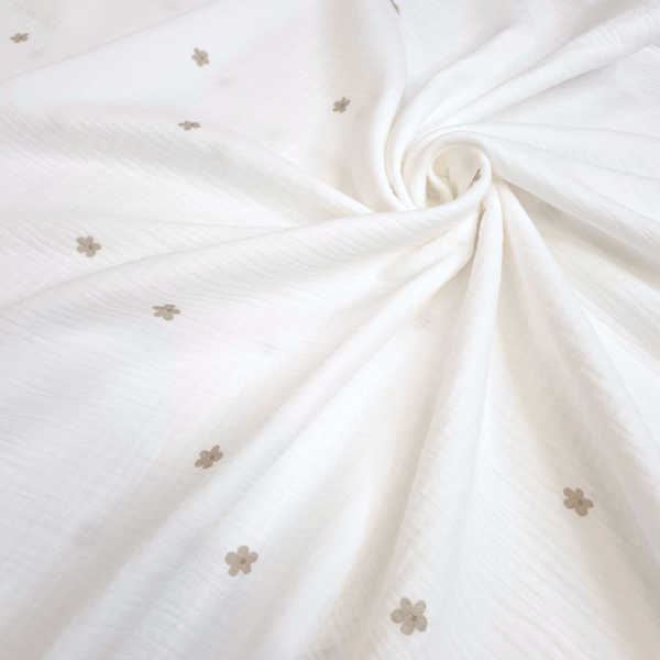 Mussola di Cotone Doppia Garza H 140 cm - LATTE FIORELLINI TORTORA