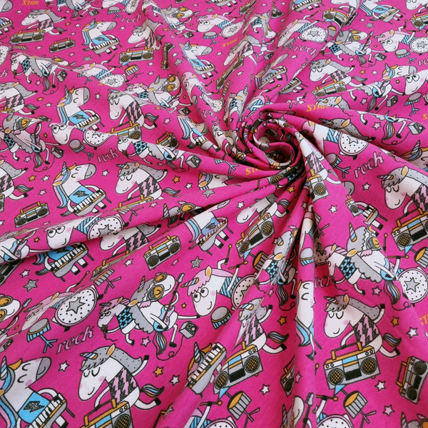 Digitaler Baumwolljersey H 165 cm - MUSIKER EINHÖRNER/FUCHSIA