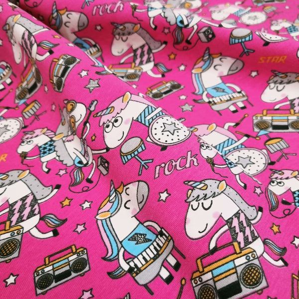 Digitaler Baumwolljersey H 165 cm - MUSIKER EINHÖRNER/FUCHSIA