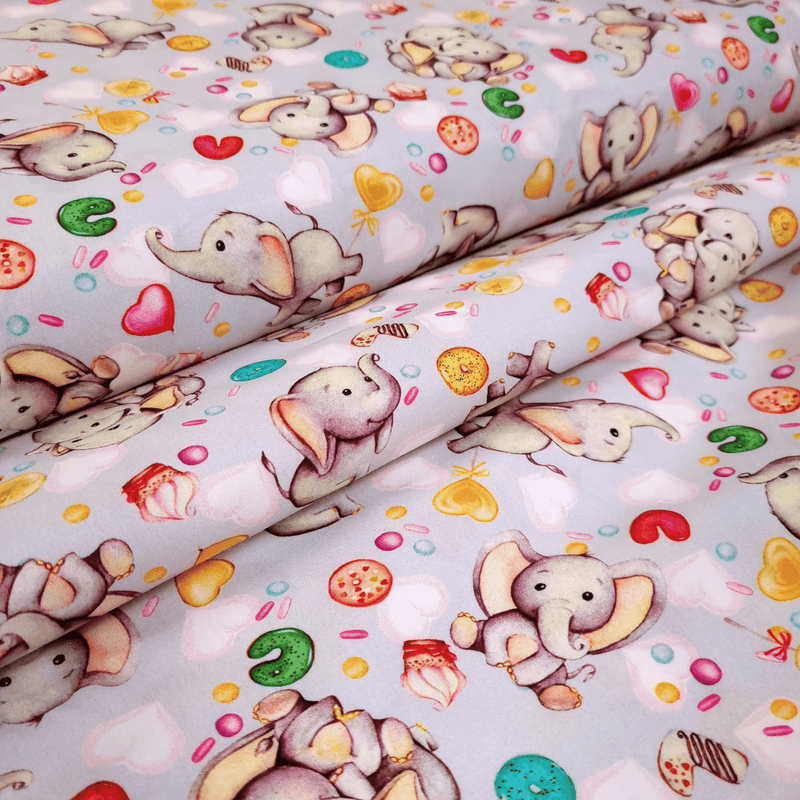 Tessuto Cotone Digital H 150 cm - DOLCI ELEFANTINI/GRIGIO