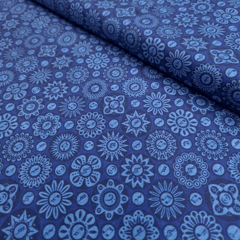 Cotone Americano H 110 cm - FIORI E NOTE MUSICALI/BLU