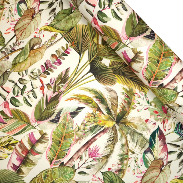 Velluto Digital H 140 cm - FOGLIE TROPICALI VARIANTE PINK & GREEN