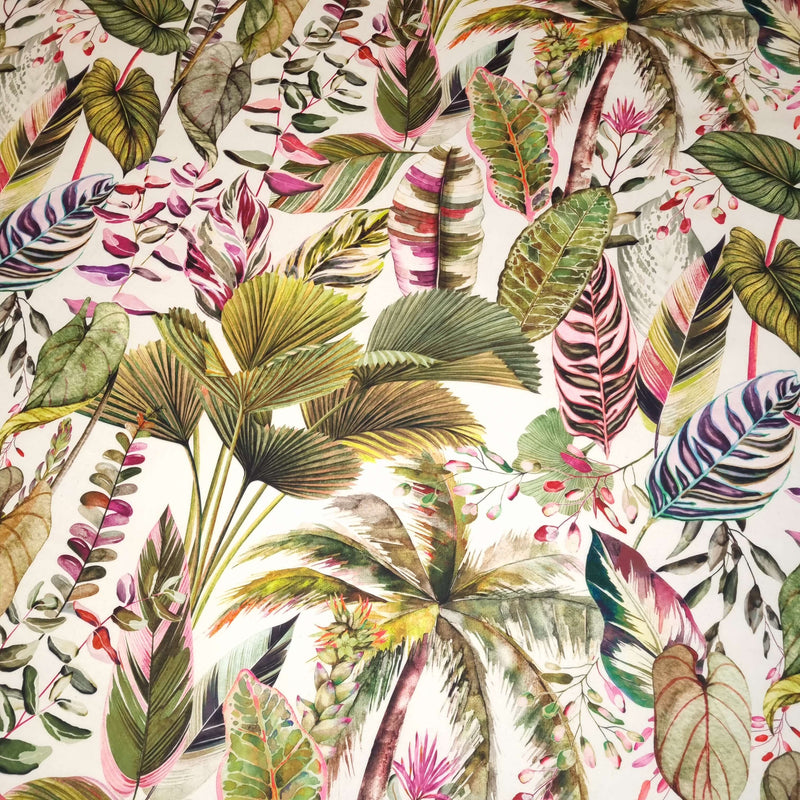 Velluto Digital H 140 cm - FOGLIE TROPICALI VARIANTE PINK & GREEN
