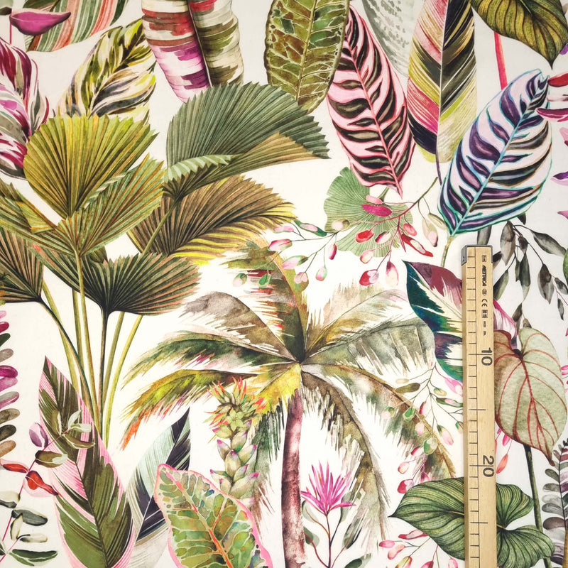 Velluto Digital H 140 cm - FOGLIE TROPICALI VARIANTE PINK & GREEN