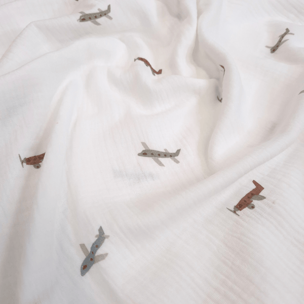 Mussola di Cotone Doppia Garza H 140 cm - AEROPLANI/LATTE