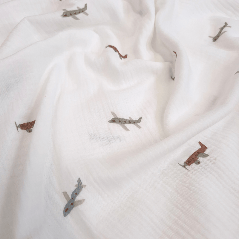 Mussola di Cotone Doppia Garza H 140 cm - AEROPLANI/LATTE