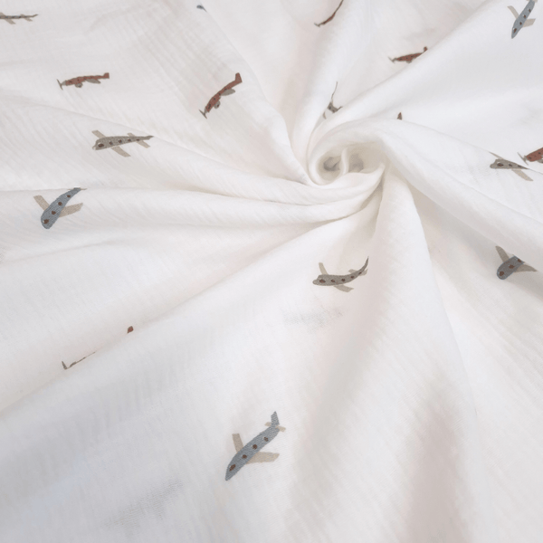 Mussola di Cotone Doppia Garza H 140 cm - AEROPLANI/LATTE