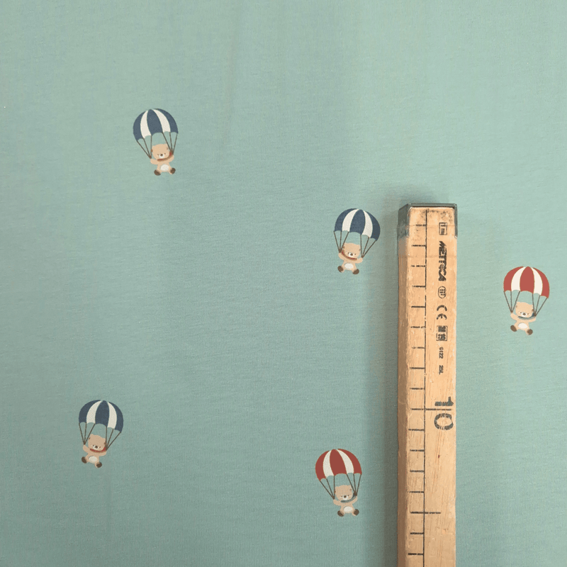 Jersey di Cotone H 150 cm - ORSETTI IN MONGOLFIERA/ACQUA MARINA
