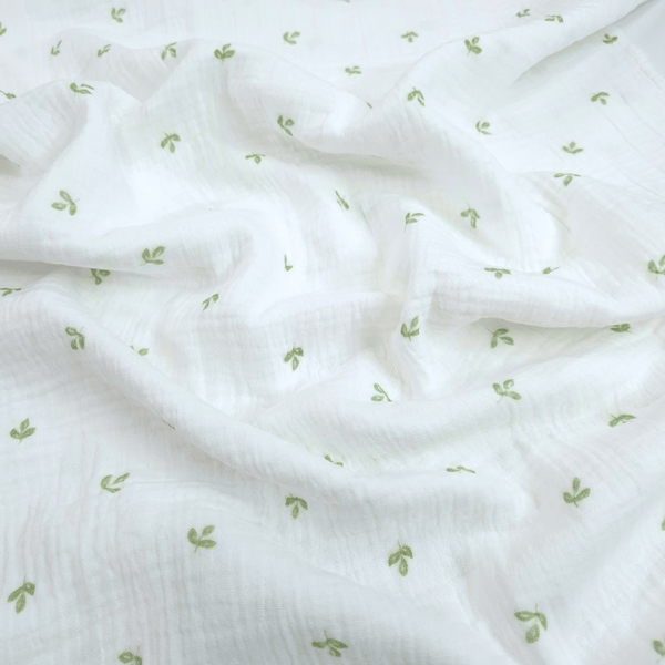 Mussola di Cotone Doppia Garza H 140 cm - LATTE FOGLIOLINE VERDI