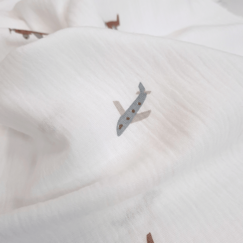 Mussola di Cotone Doppia Garza H 140 cm - AEROPLANI/LATTE