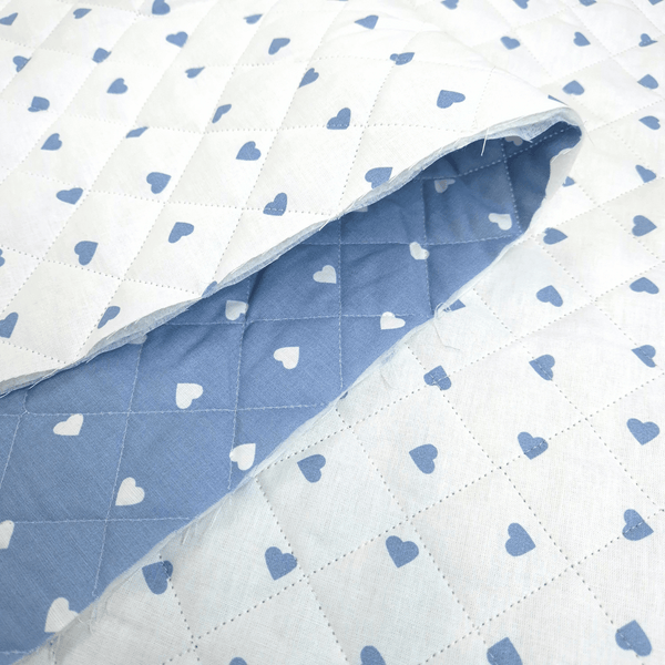 Trapuntato in tela di cotone double face H 140 cm - CUORI AZZURRI E BIANCHI