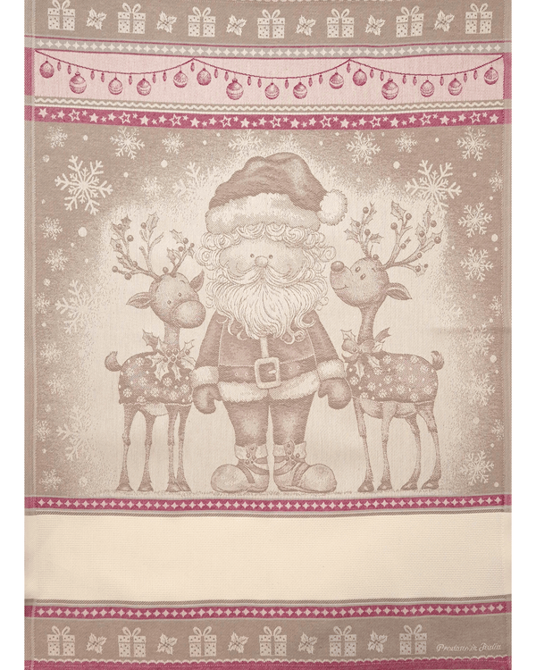 Asciugapiatti da ricamo in puro cotone - BABBO NATALE E RENNE NOCCIOLA