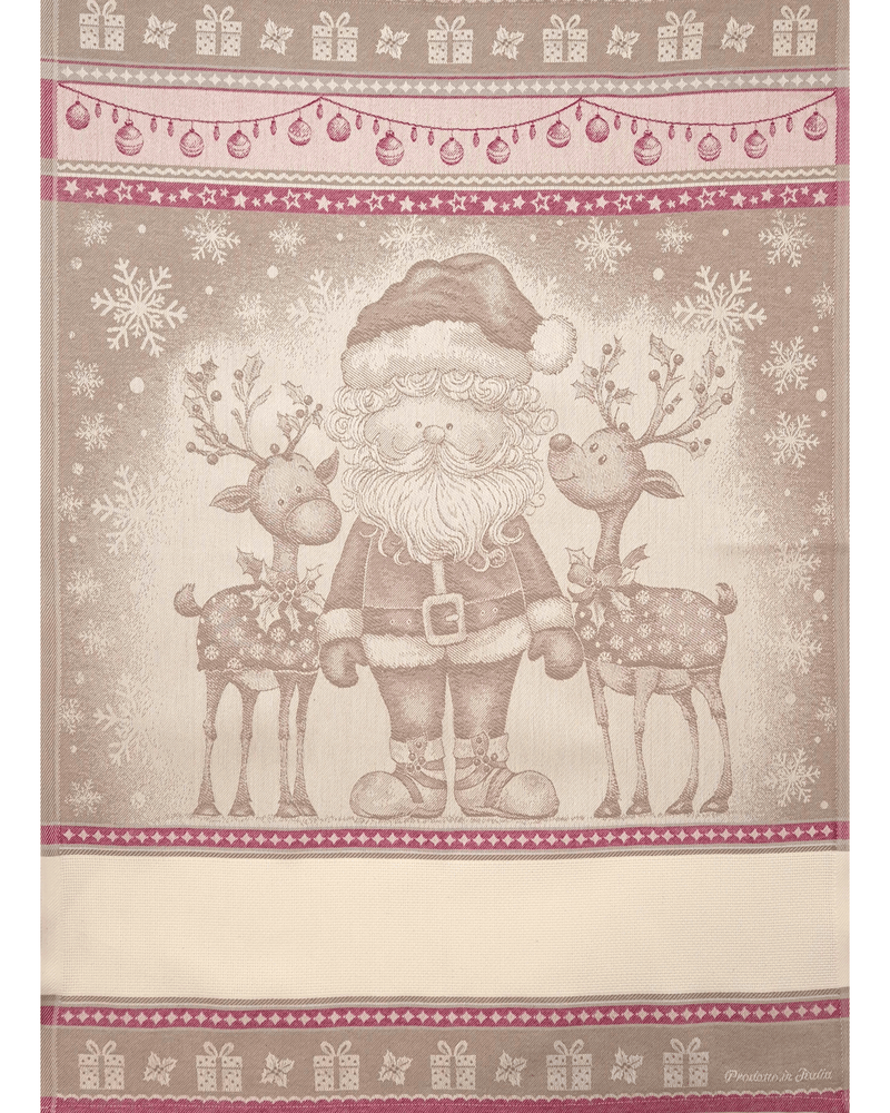 Asciugapiatti da ricamo in puro cotone - BABBO NATALE E RENNE NOCCIOLA