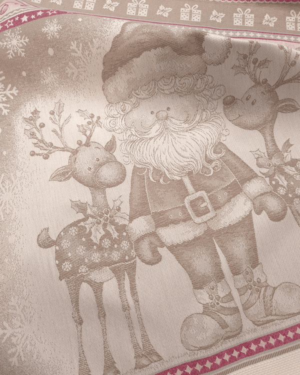 Asciugapiatti da ricamo in puro cotone - BABBO NATALE E RENNE NOCCIOLA