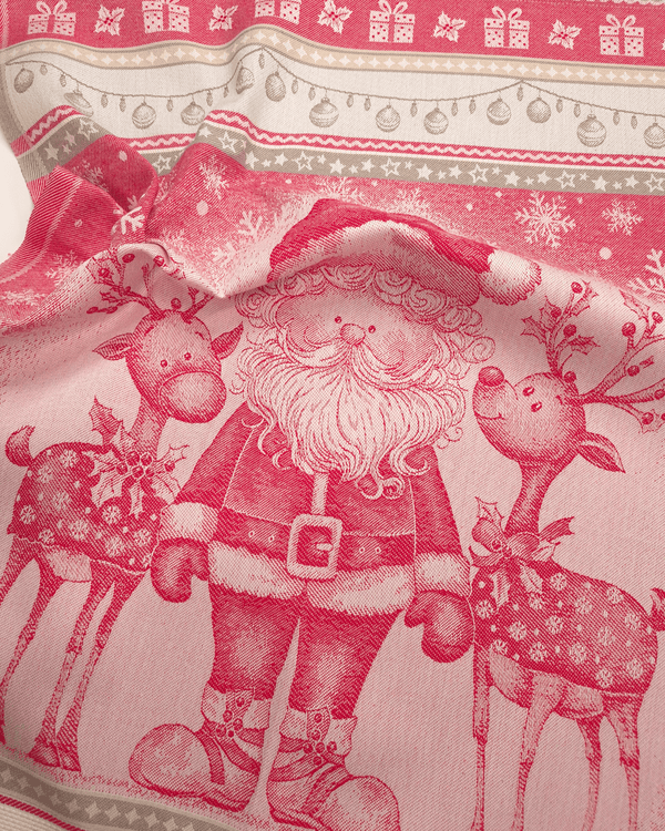 Asciugapiatti da ricamo in puro cotone - BABBO NATALE E RENNE ROSSO