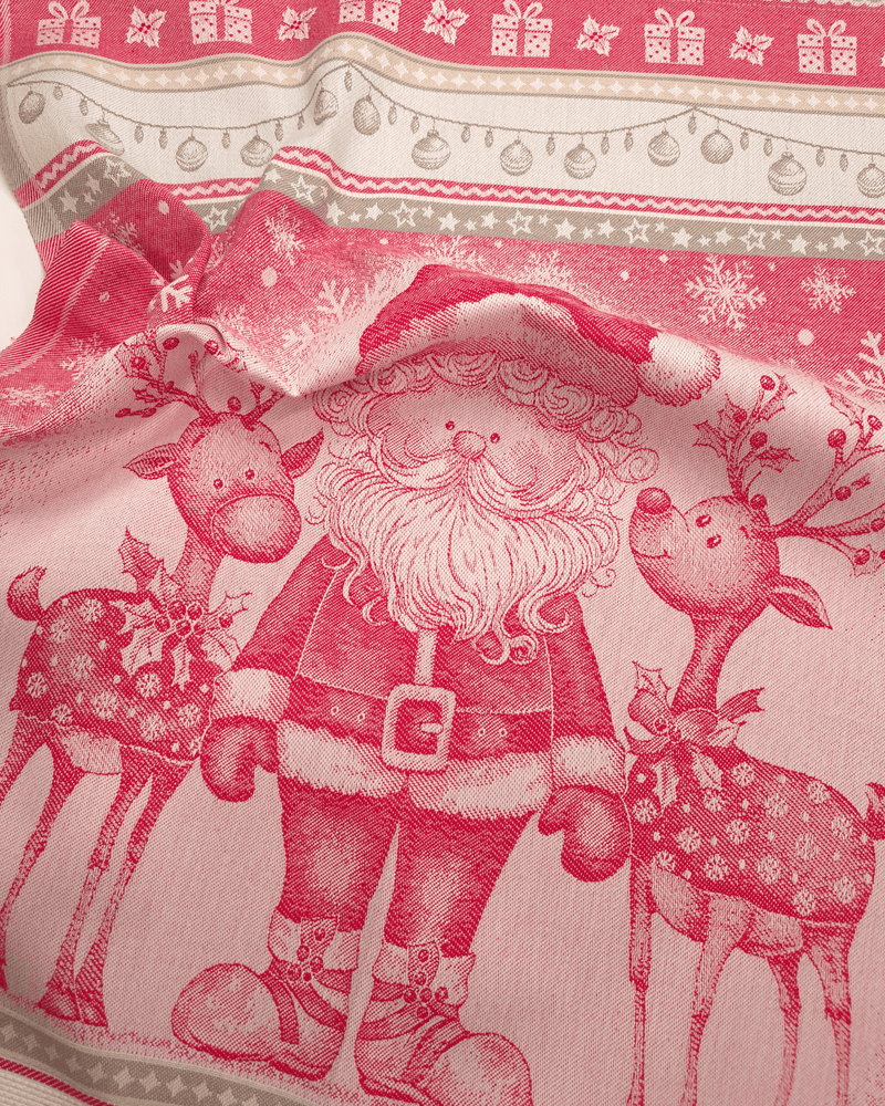 Asciugapiatti da ricamo in puro cotone - BABBO NATALE E RENNE ROSSO