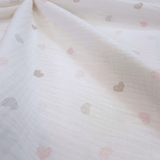 Mussola di Cotone Doppia Garza H 140 cm - CUORICINI ROSA E TORTORA/LATTE