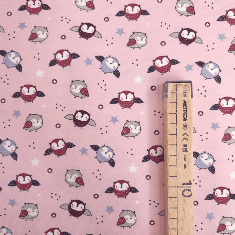 Jersey coton - CHOUETTES FOND ROSE - taille minimum ou multiples de 25 x 140 cm