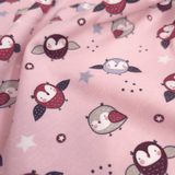 Jersey coton - CHOUETTES FOND ROSE - taille minimum ou multiples de 25 x 140 cm