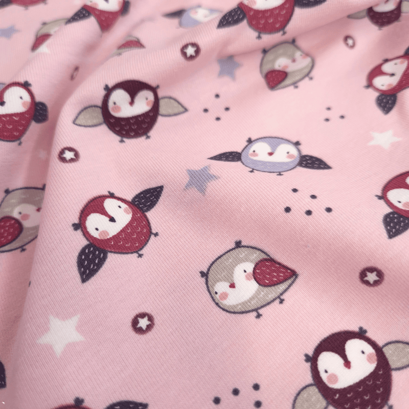 Jersey coton - CHOUETTES FOND ROSE - taille minimum ou multiples de 25 x 140 cm