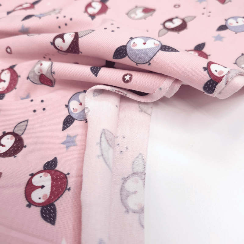 Jersey coton - CHOUETTES FOND ROSE - taille minimum ou multiples de 25 x 140 cm