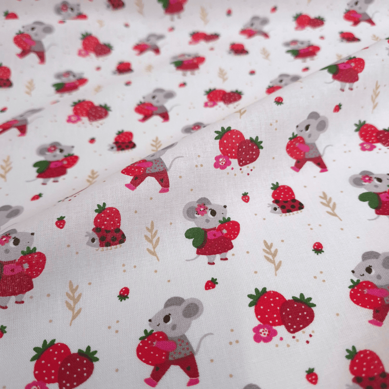 Tessuto Cotone H 140 cm - TOPOLINI E FRAGOLE