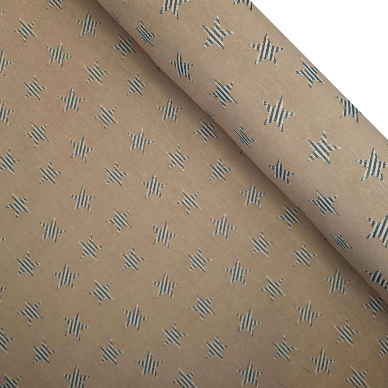 Jacquard-Möbelstoff H 140 cm – BLAU/HASELNUSSGESTREIFTE STERNE
