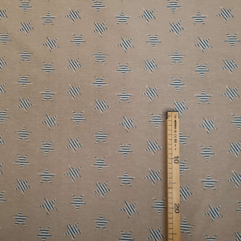 Jacquard-Möbelstoff H 140 cm – BLAU/HASELNUSSGESTREIFTE STERNE