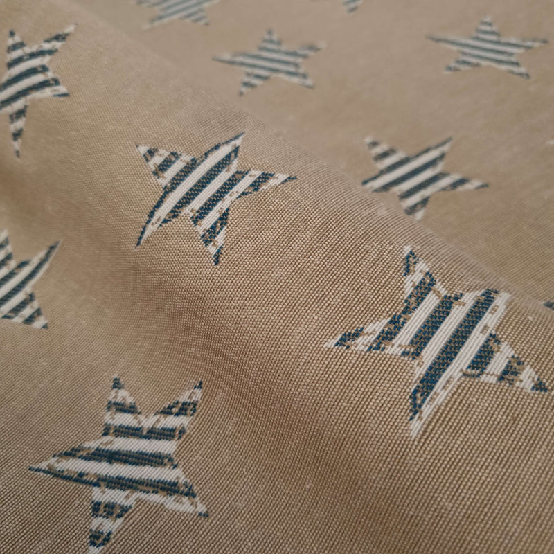 Jacquard-Möbelstoff H 140 cm – BLAU/HASELNUSSGESTREIFTE STERNE