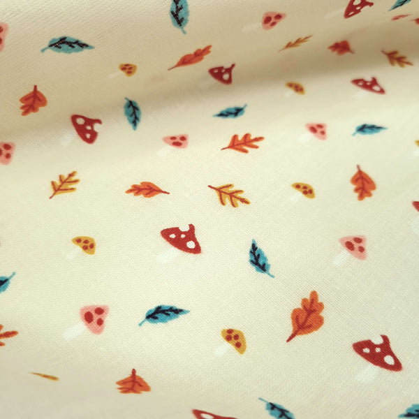 Tessuto Cotone H 150 cm - FOGLIOLINE E FUNGHETTI/PANNA