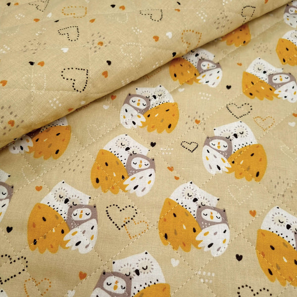 Trapuntato in tela di cotone double face H 140 cm - GUFI e CUORI MOSTARDA