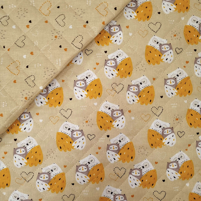 Trapuntato in tela di cotone double face H 140 cm - GUFI e CUORI MOSTARDA