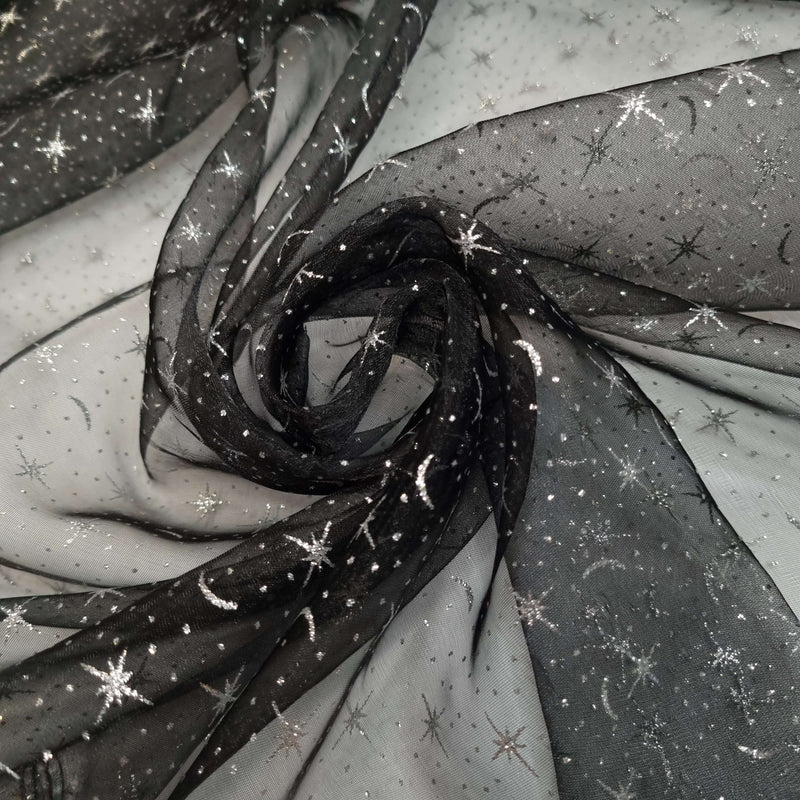 Organza H 150 cm - STERNENHIMMEL SILBER/SCHWARZ