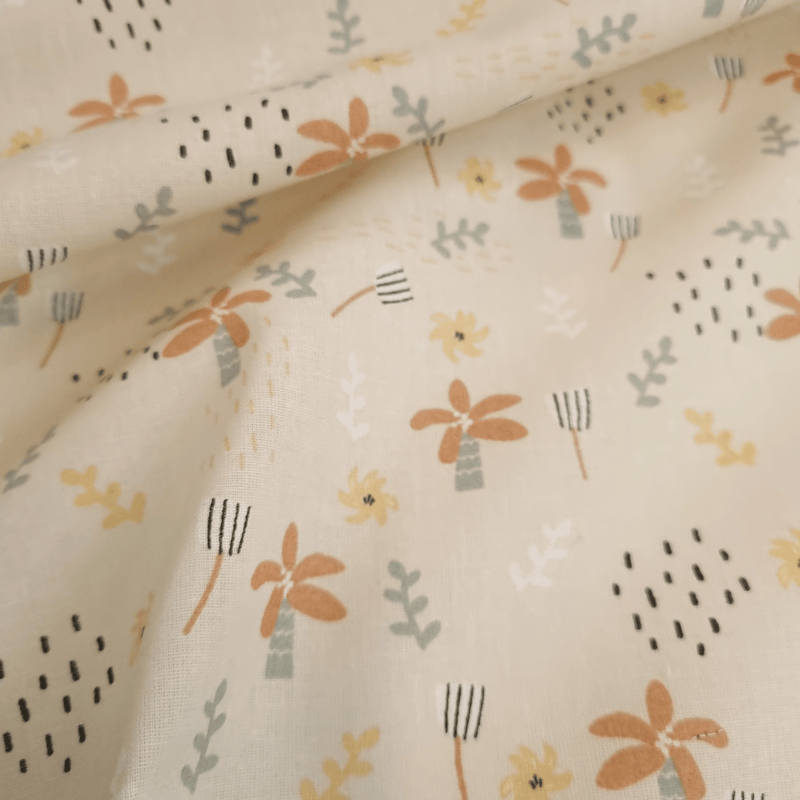 Tessuto Cotone H 150 cm - PALME E FOGLIOLINE/NATURALE