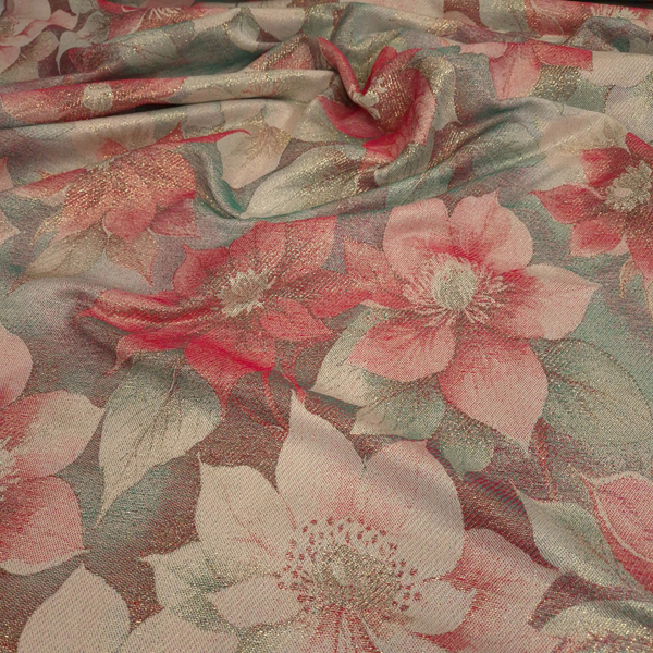Tessuto Arredo H 210 cm - FIORI DI NATALE ROSSI/LUREX ORO