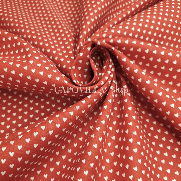Tessuto Cotone H 140 cm - CUORICINI FONDO ROSSO