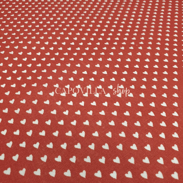 Tessuto Cotone H 140 cm - CUORICINI FONDO ROSSO