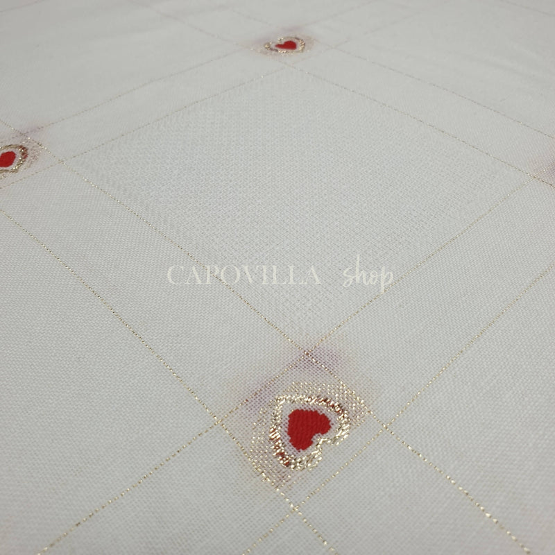 Tessuto misto lino H 175 cm - CUORI ROSSI/LUREX FONDO BIANCO